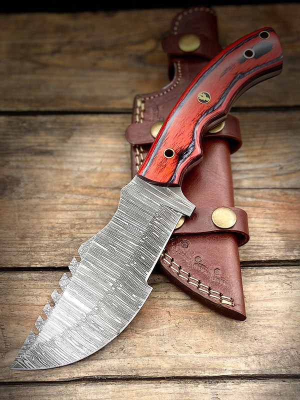 10" Red Densified Wood Damascus Tracker Knife
