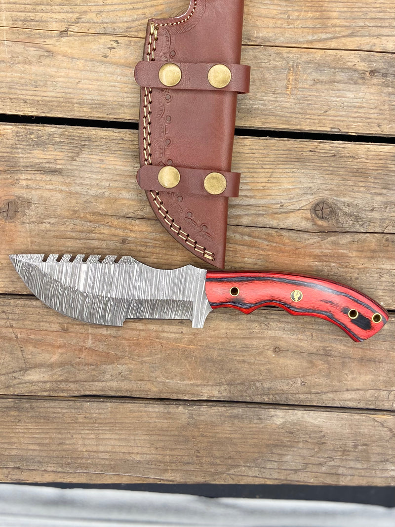 10" Red Densified Wood Damascus Tracker Knife