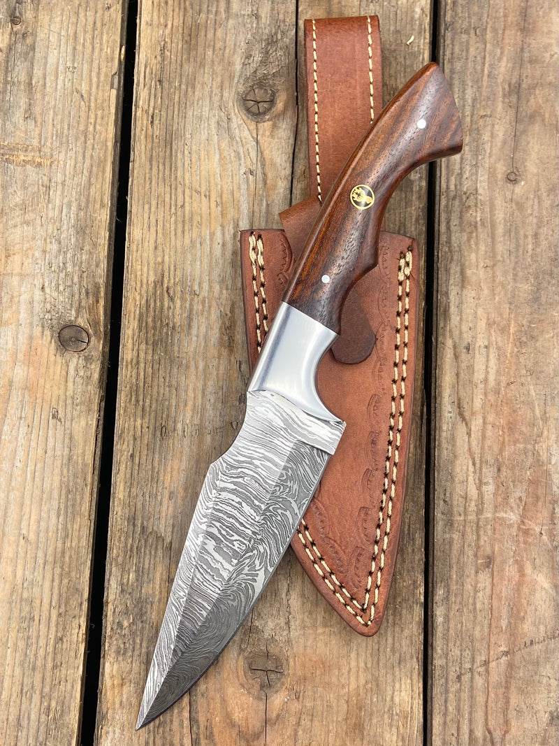 10" Walnut Damascus EDC Knife, Stainless Bolster