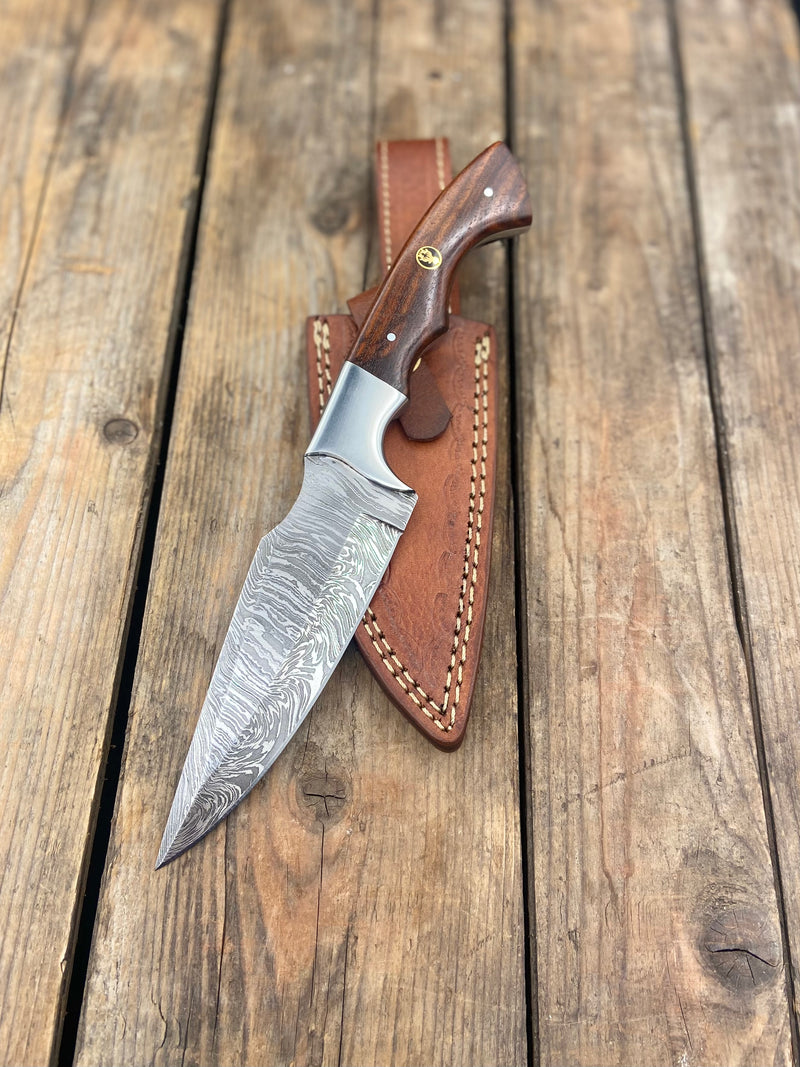 10" Walnut Damascus EDC Knife, Stainless Bolster