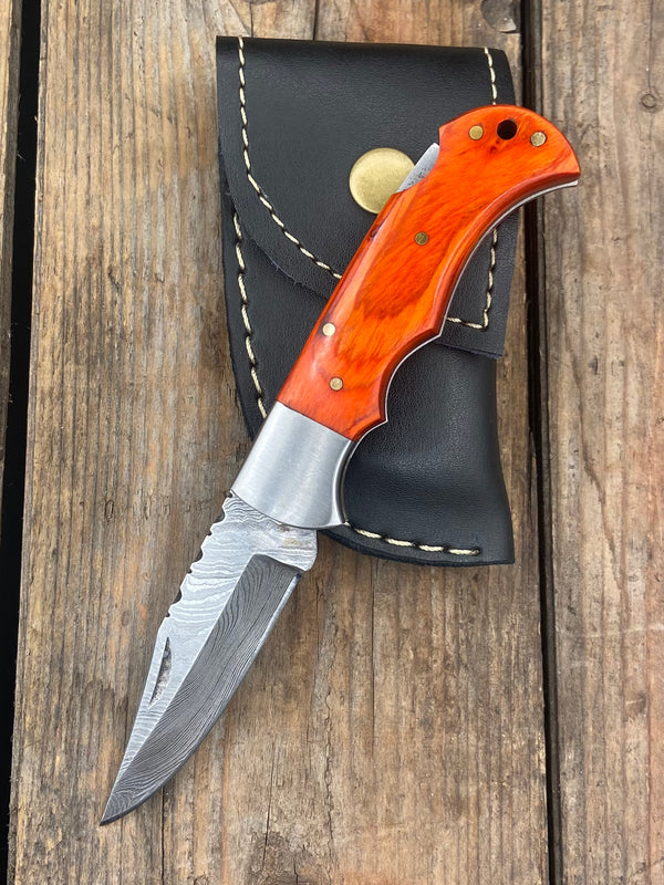 6.75" Orange Wood Damascus Folder Knife