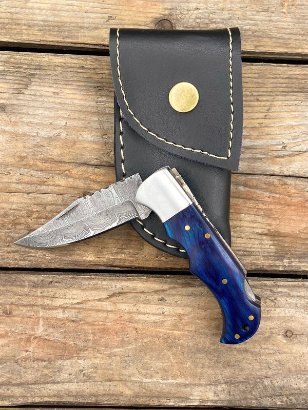 6.5" Blue Densified Wood Damascus Folder with Stainless Bolster