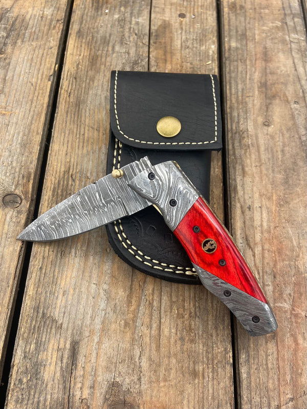 7.5" Red Wood Damascus Knife w/Clip & Damascus Bolster