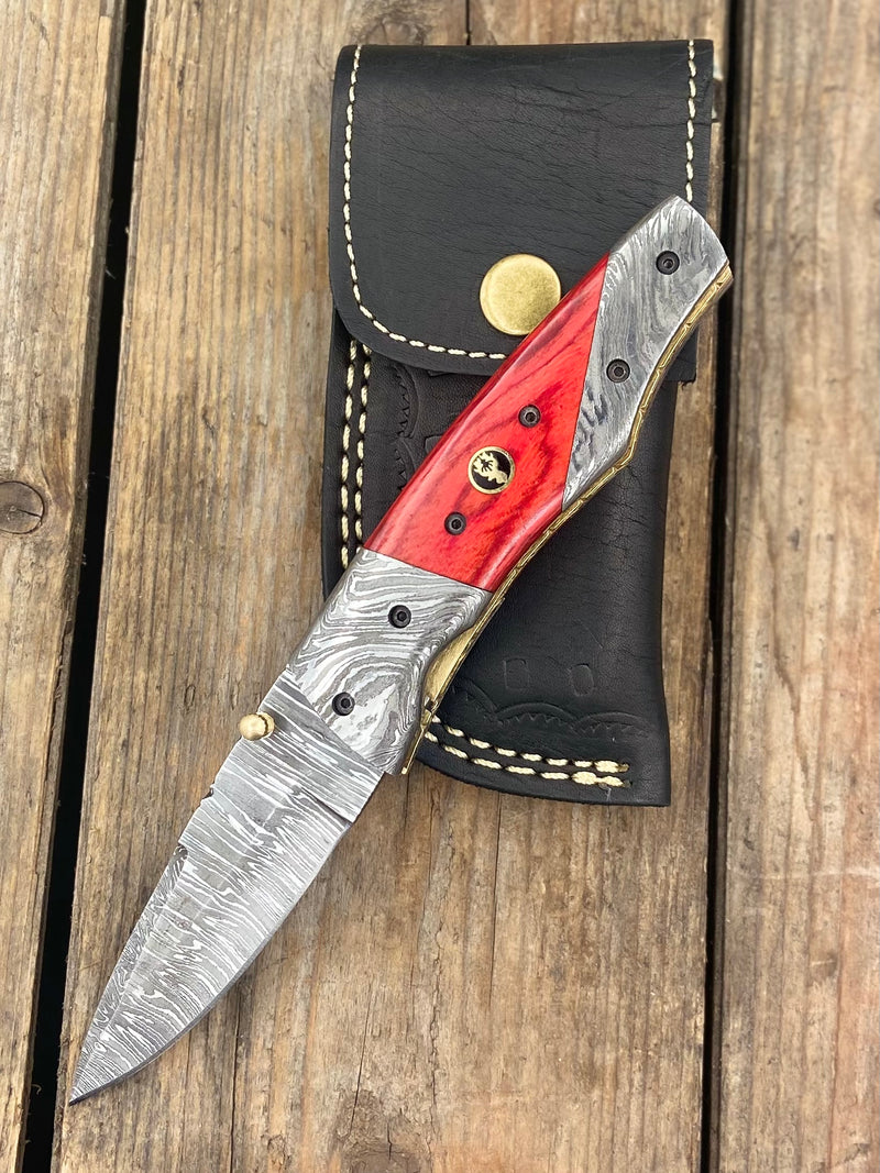 7.5" Red Wood Damascus Knife w/Clip & Damascus Bolster