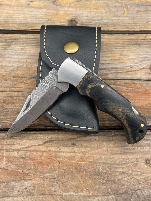 6.5" Black Micarta Damascus Folder with Stainless Bolster