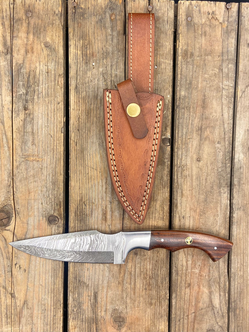 10" Walnut Damascus EDC Knife, Stainless Bolster