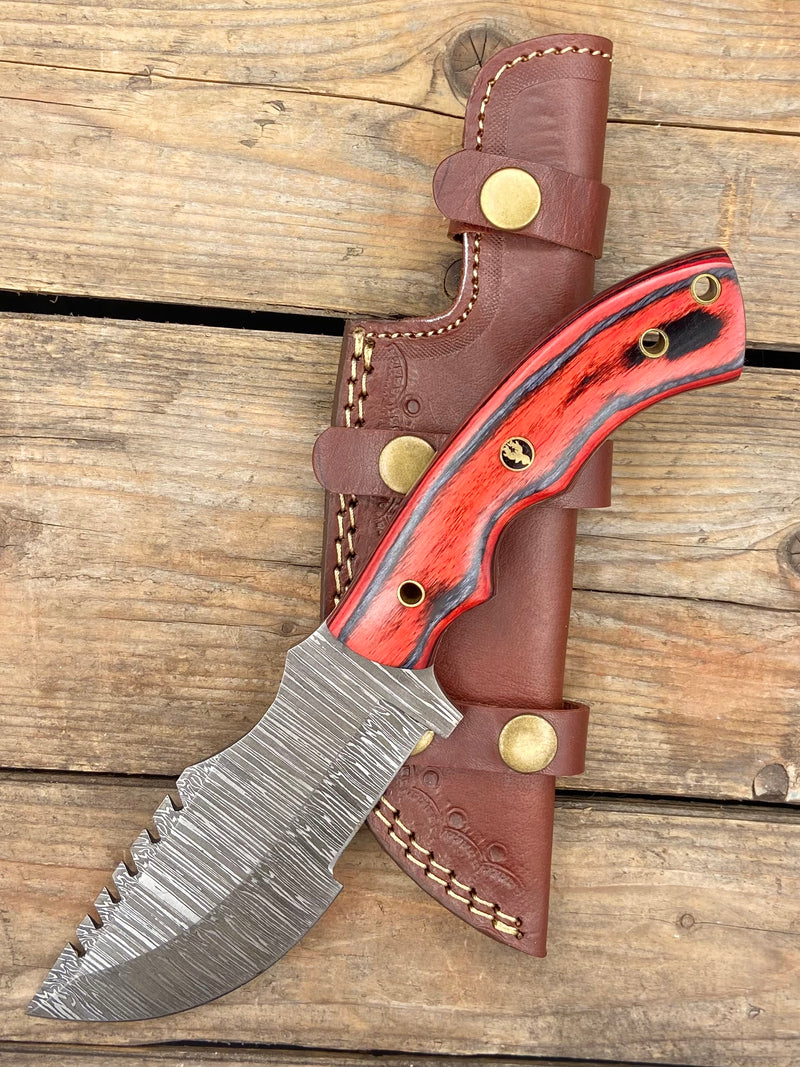 10" Red Densified Wood Damascus Tracker Knife