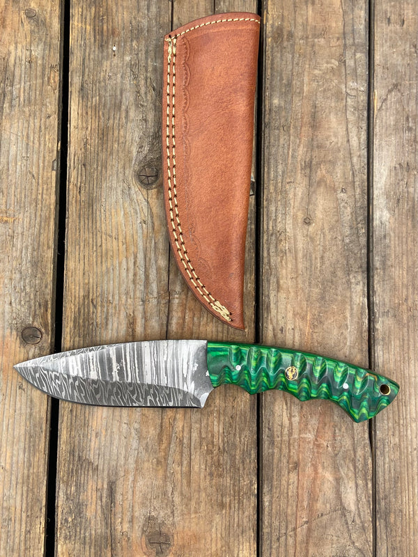 9" Green Wood Damascus EDC Knife with Leather Sheath