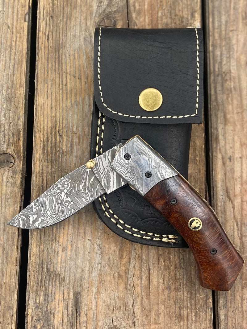 7.25" Walnut Gentleman's Damascus Folder with Leather Case