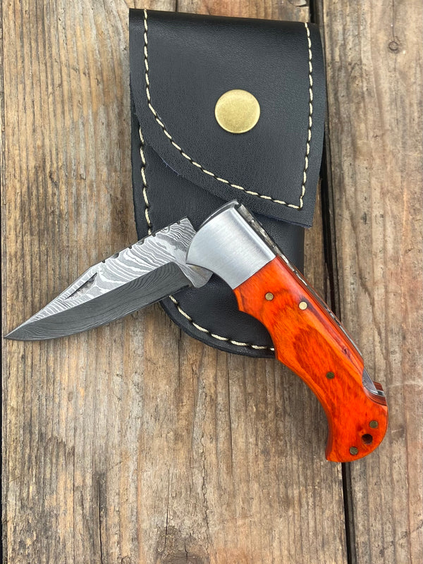 6.75" Orange Wood Damascus Folder Knife