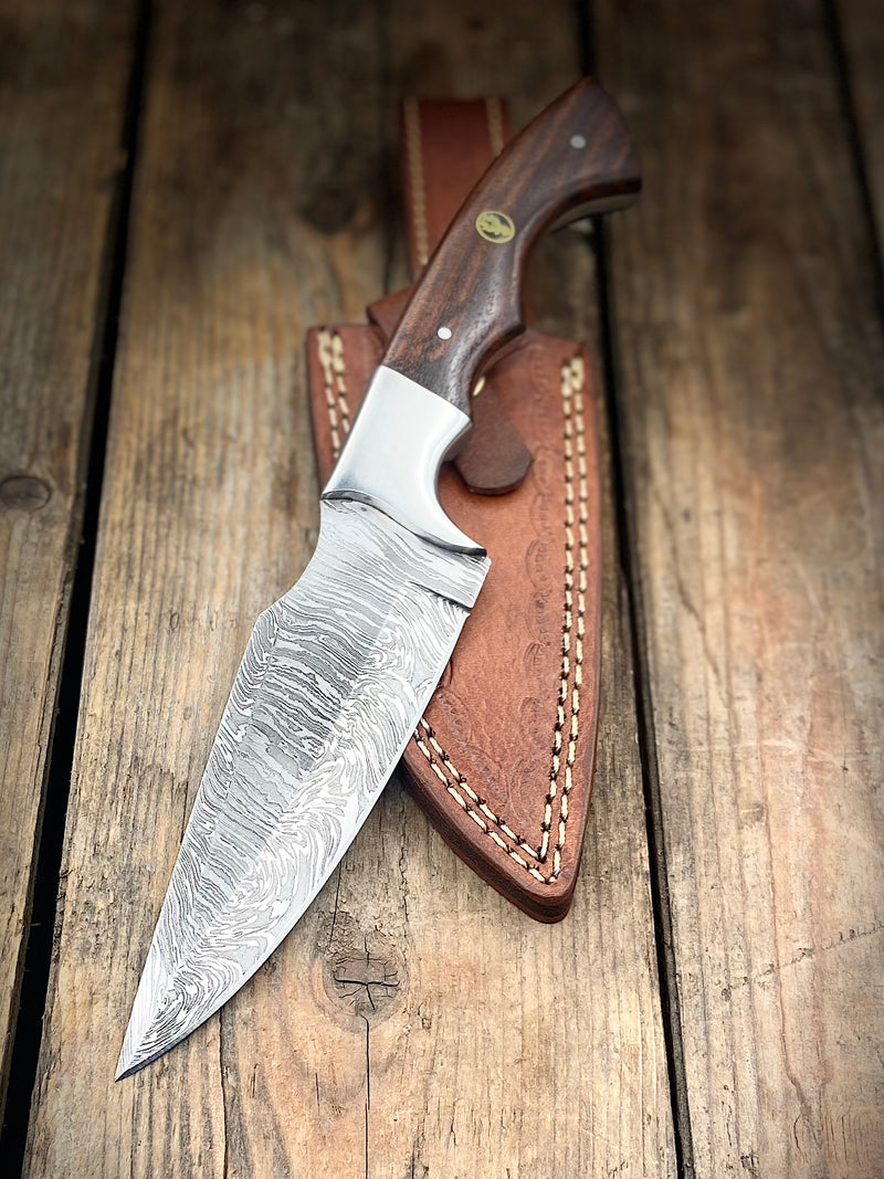 10" Walnut Damascus EDC Knife, Stainless Bolster