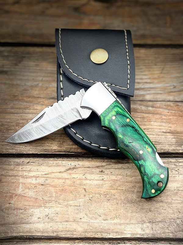 6.5" Green Wood Damascus Folder, Stainless Bolster