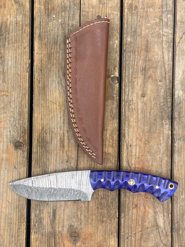 9" Blue Damascus EDC Knife, Sleek Design