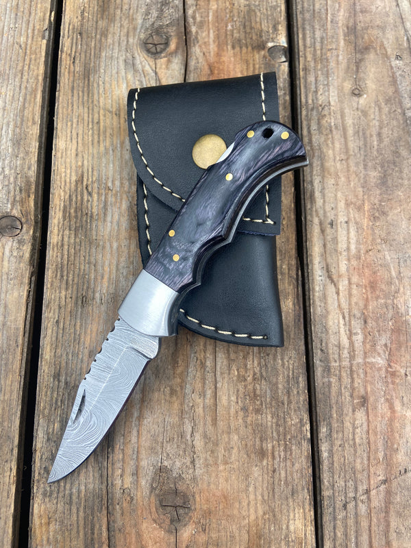 6.5" Black/Gray Wood Damascus Knife - Perfect Gift