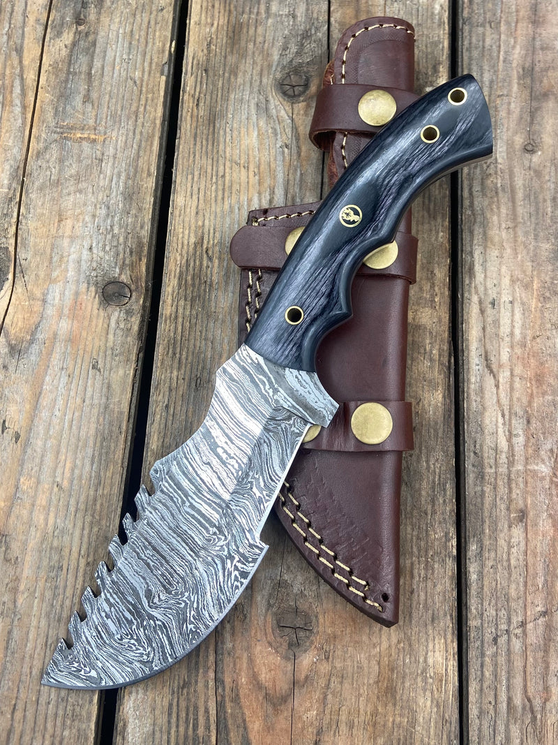 10" Black/Grey Damascus Tracker Knife // BH123-1