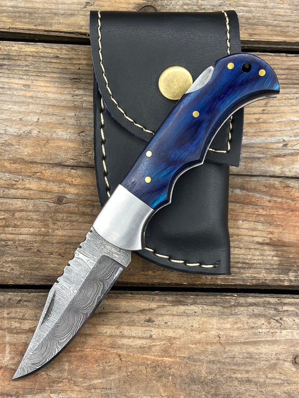 6.5" Blue Densified Wood Damascus Folder with Stainless Bolster