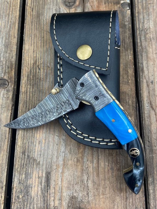 Gentleman's Blue Acrylic Folding Damascus Knife