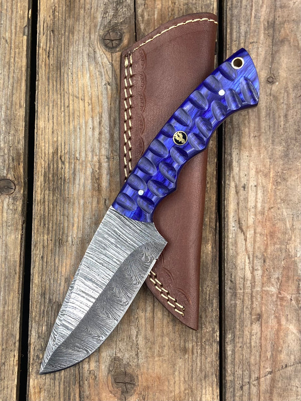 9" Blue Damascus EDC Knife, Sleek Design