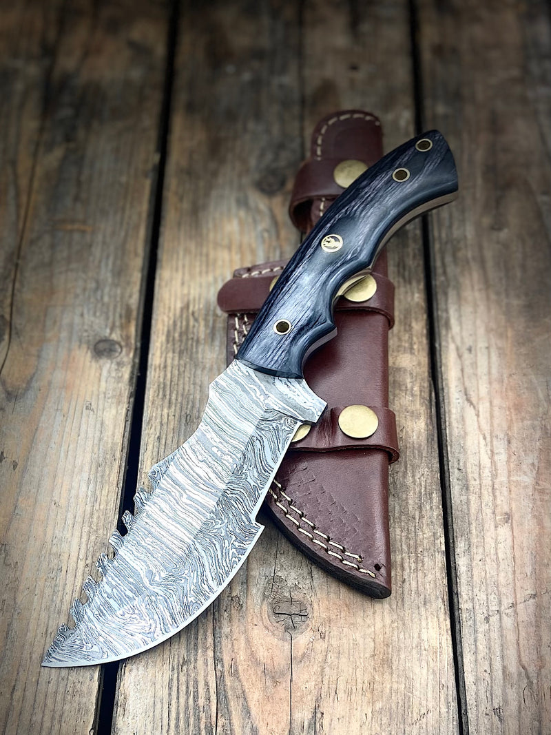 10" Black/Grey Damascus Tracker Knife // BH123-1