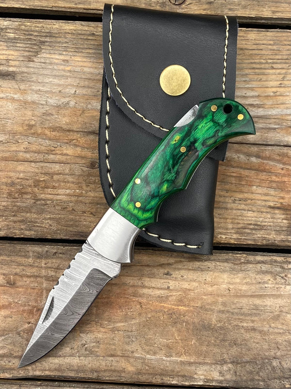 6.5" Green Wood Damascus Folder, Stainless Bolster